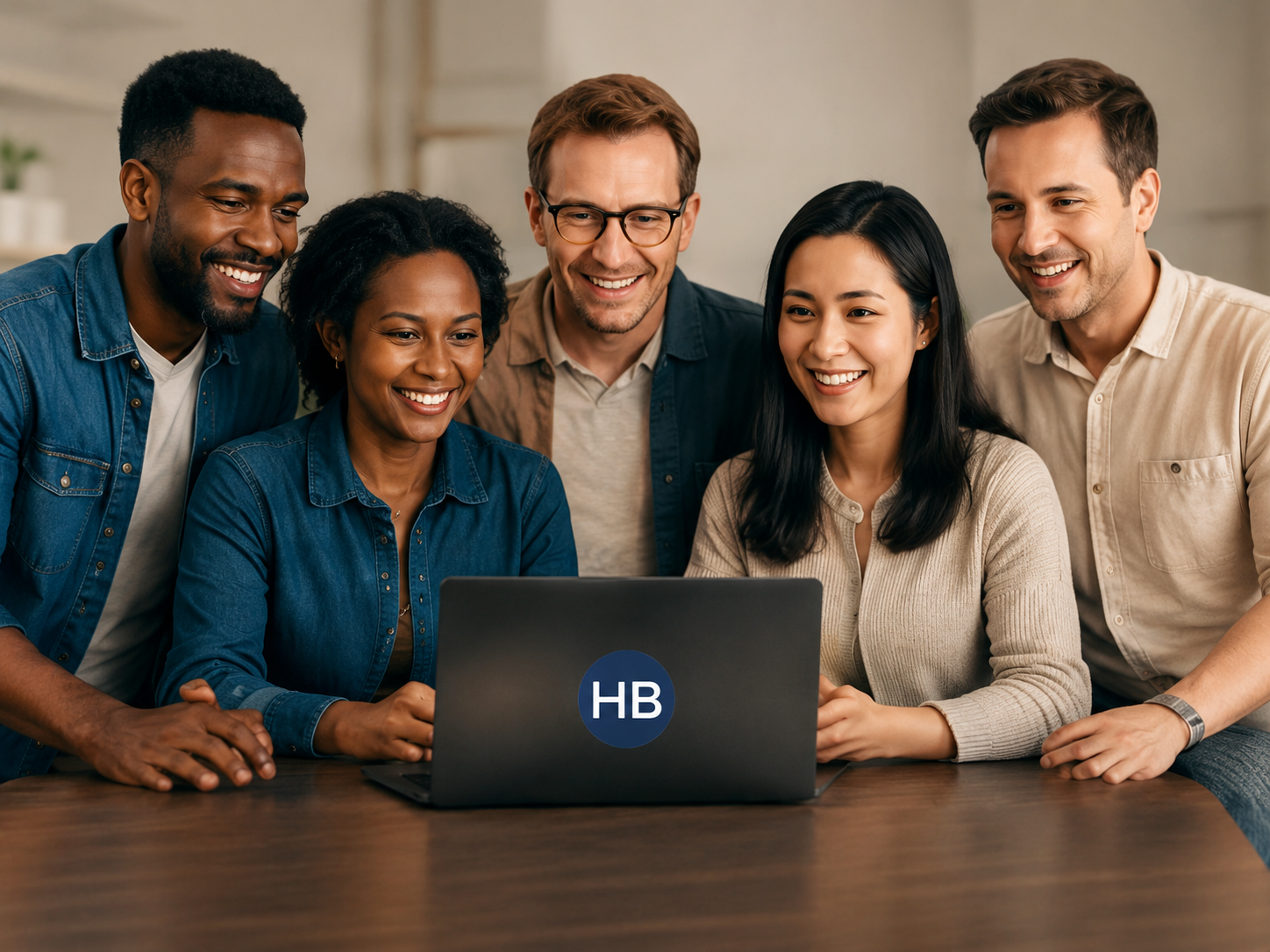A diverse team collaborating around a Hero Builder laptop