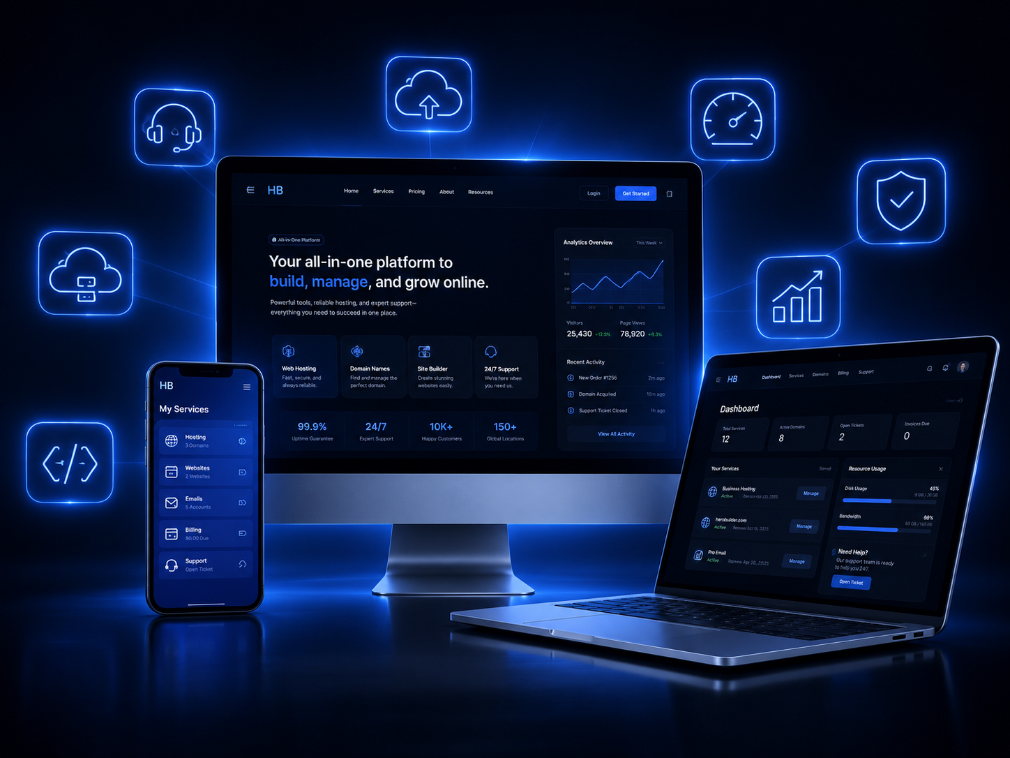 Hero Builder platform displayed across desktop, laptop, and mobile devices