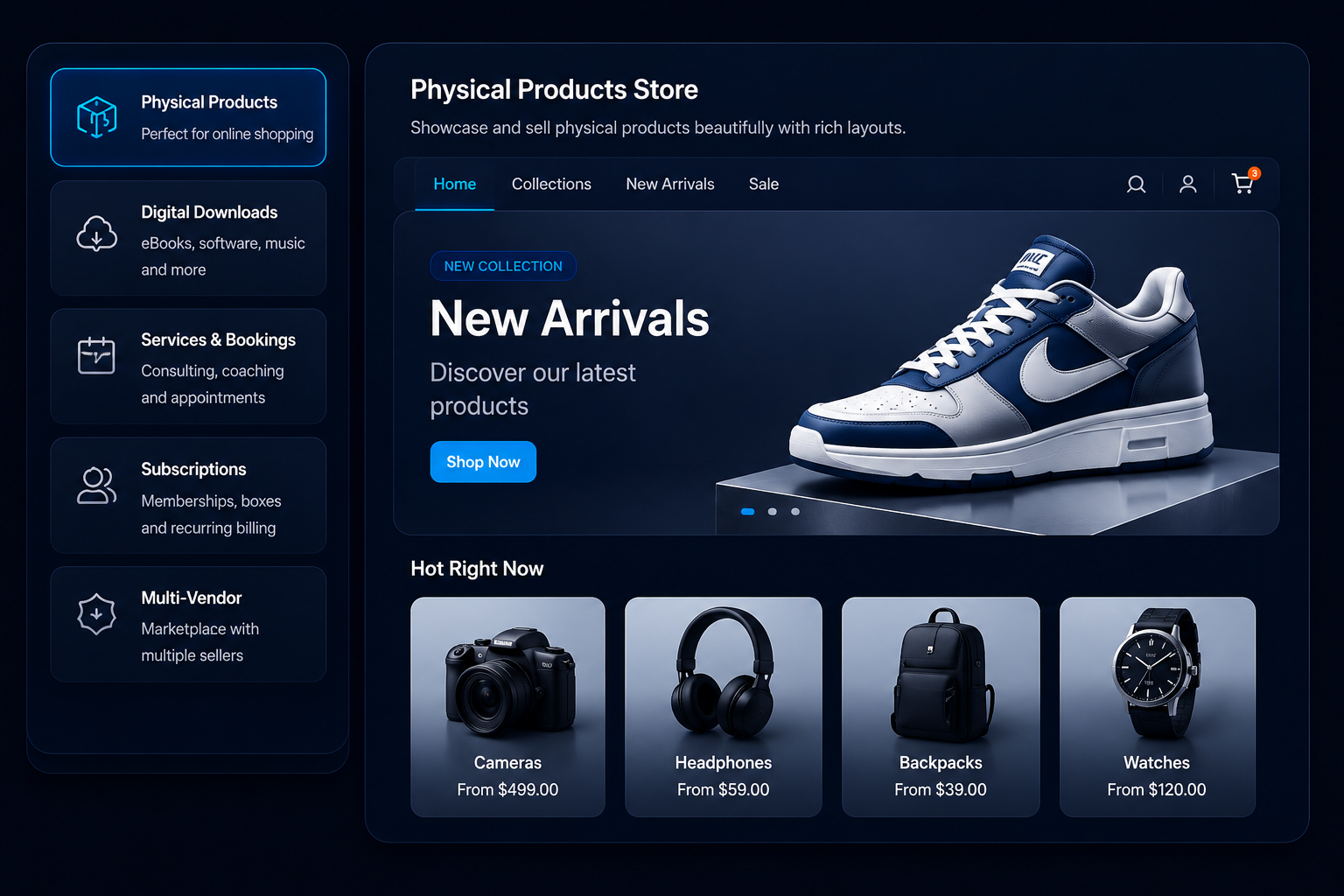 Example storefront with product-type options and a physical-products catalog