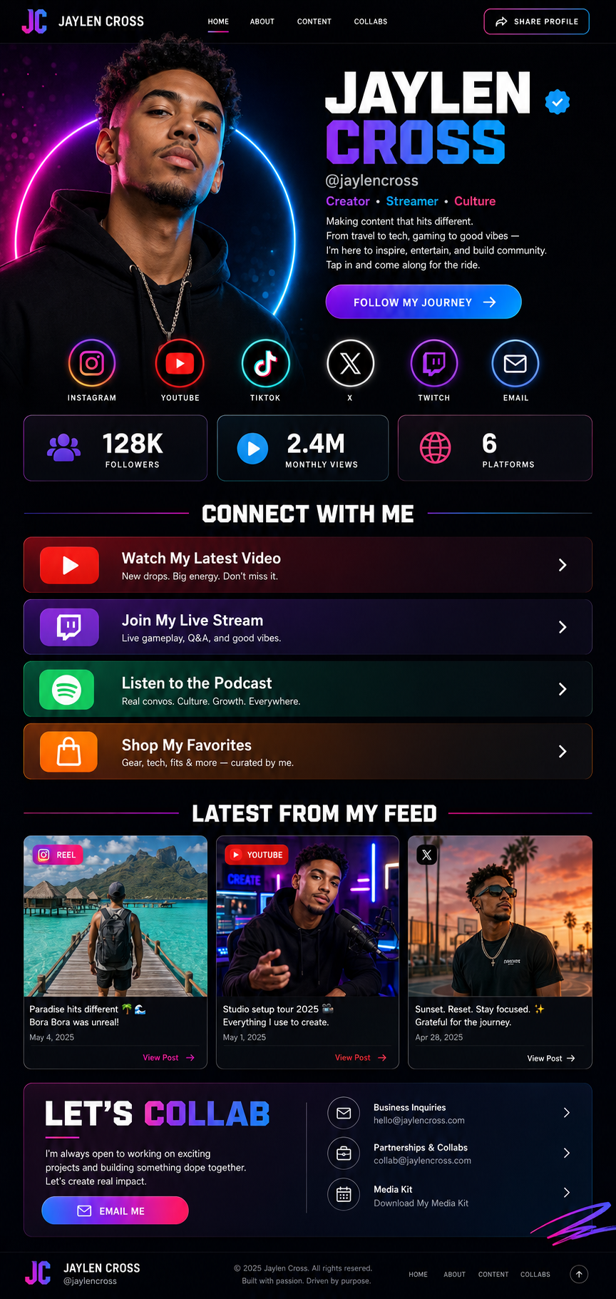 Creator & Social example one-page website template