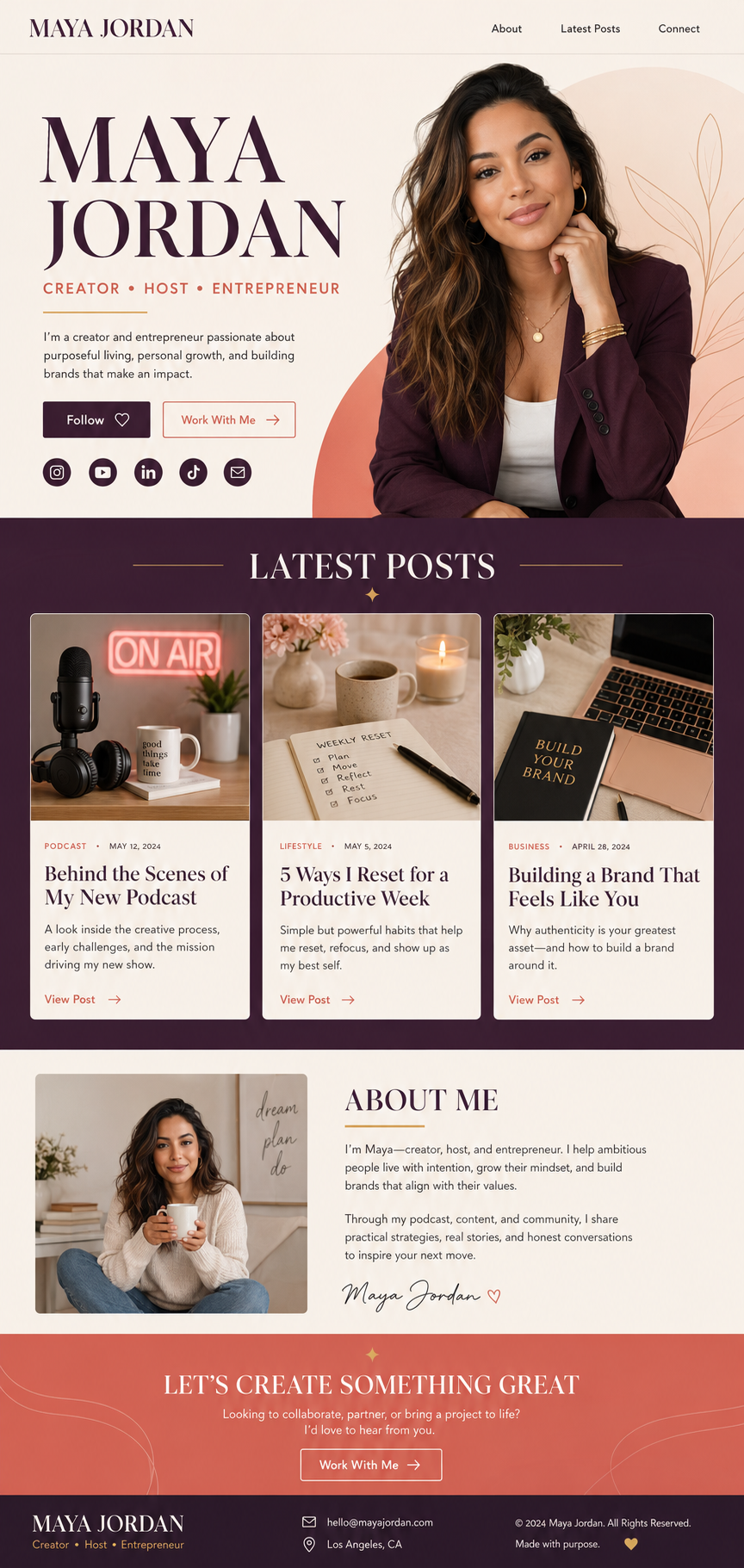 Personal Brand & Posts example one-page website template