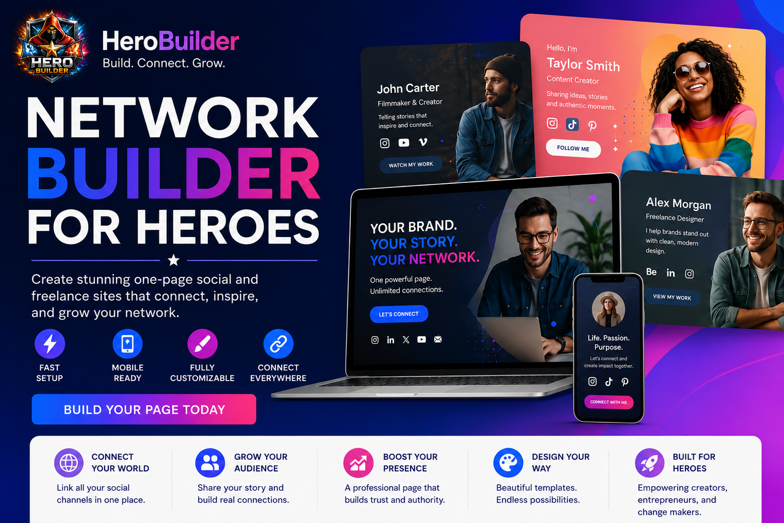 HeroBuilder Network Builder for Heroes showing one-page creator, social, and freelancer site examples