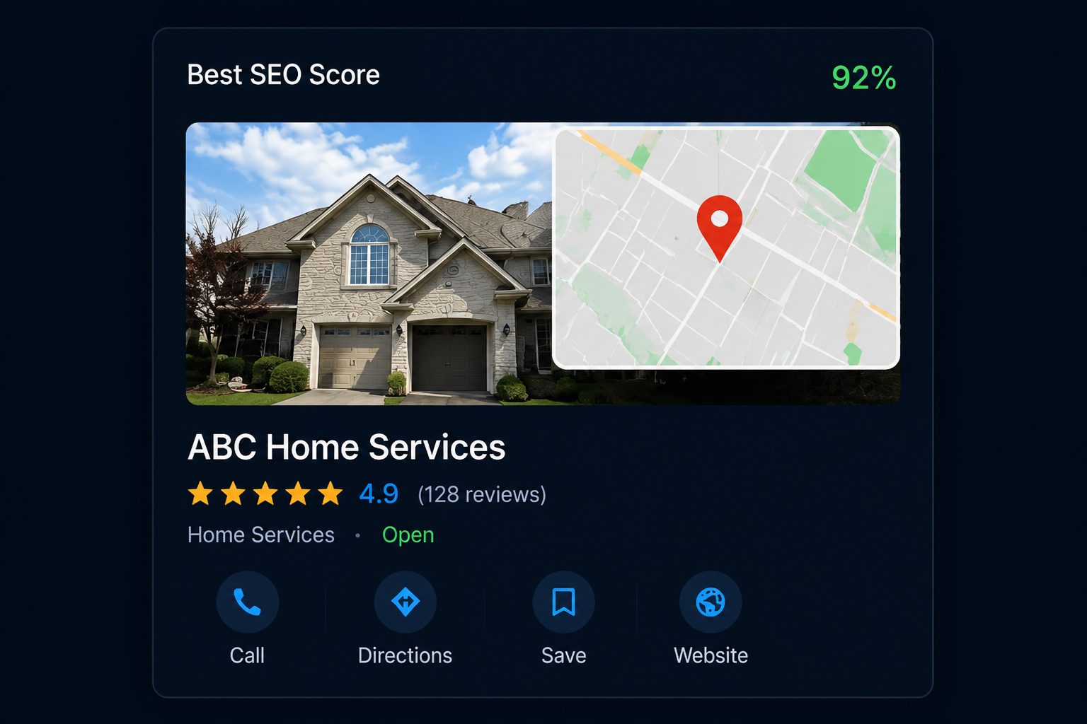 Illustrative local business search profile with map and customer actions