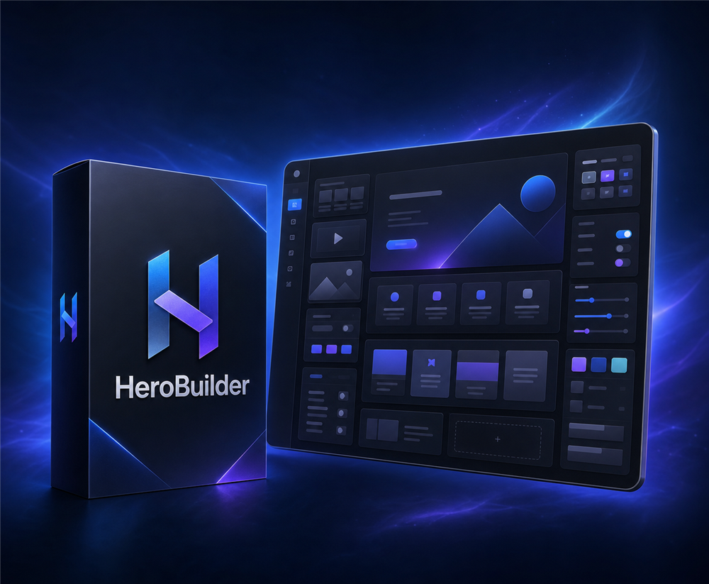 HeroBuilder software product box and website-building interface