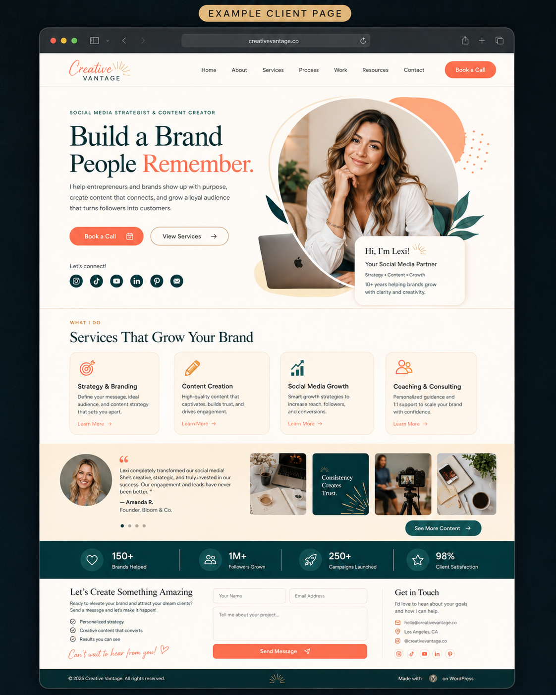 Warm light freelancer website design example for a social media strategist
