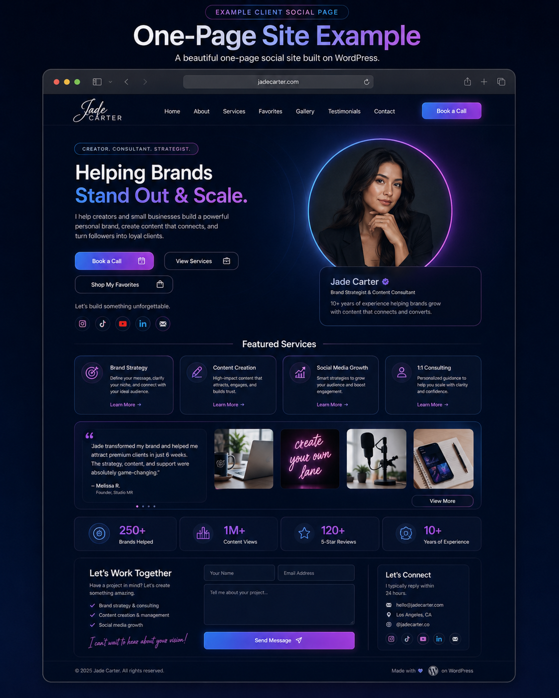 Dark blue and purple one-page social website design example for a brand strategist